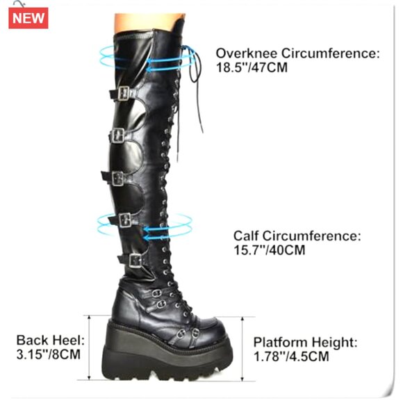 Platform Over Knee Boots Chunky Heel Thigh High Side Zip Buckles Size 5.5-10 - Picture 5 of 7